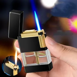 New Metal Transparent Oil Window Double Flame Lighter Butane Gas Windproof Personality Convenient Portable Lighter Gift For Men