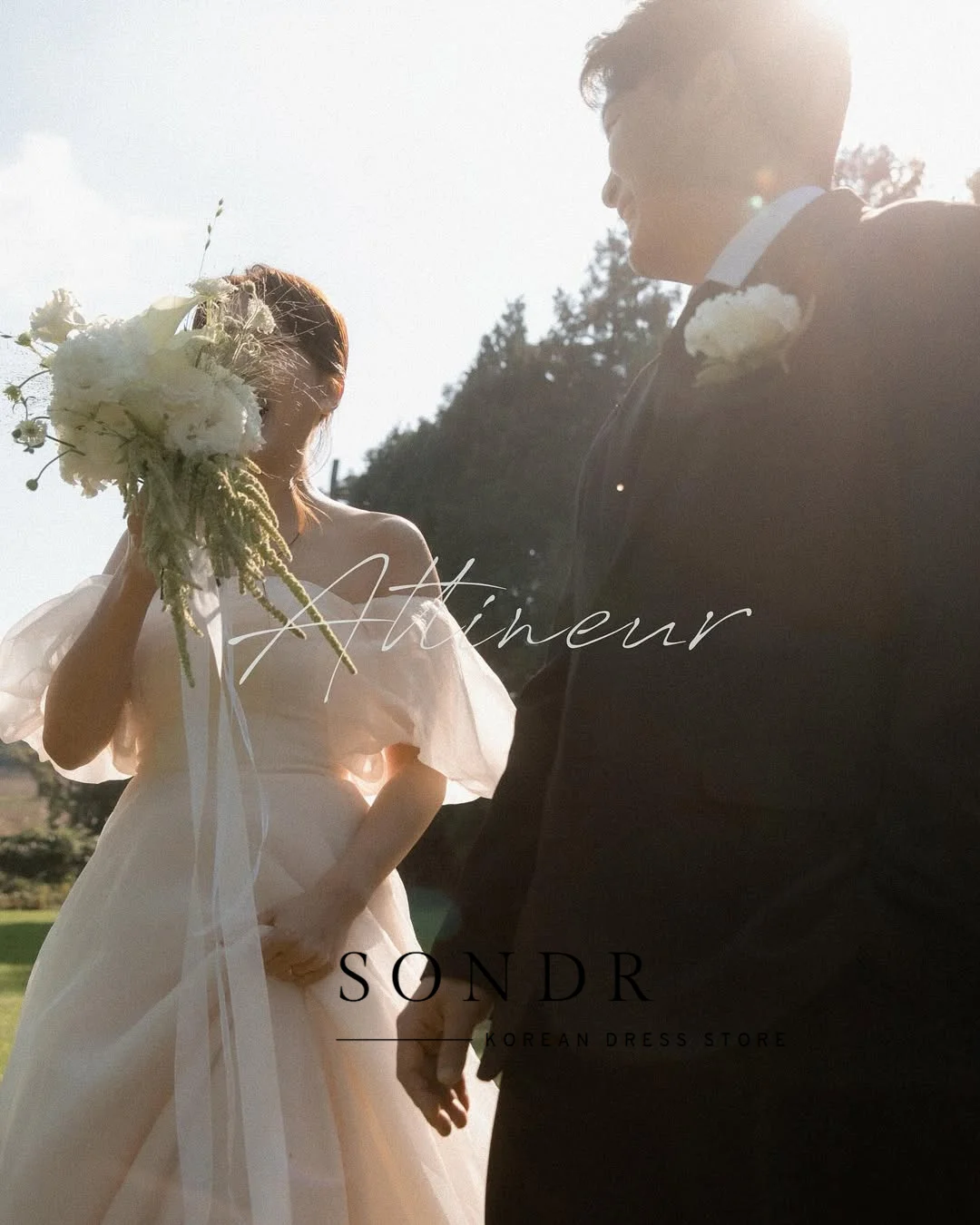 Sondr قبالة الكتف الحرير الأورجانزا فساتين الزفاف الكورية في الهواء الطلق صورة تبادل لاطلاق النار فساتين الزفاف المفاجئة ثوب مخصص