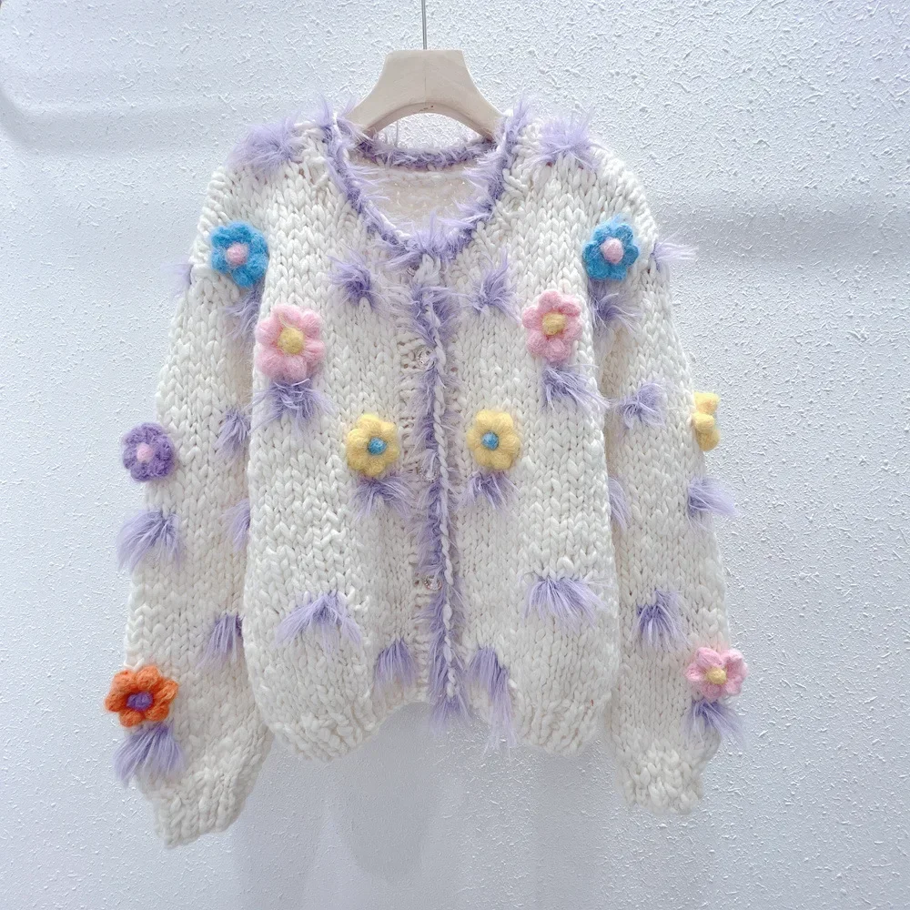 A Korean Sytle Sweet Women Knitted Sweater Hand Hook Three-Dimensional Flowers Jumper O Neck Fall Lady Pullovers