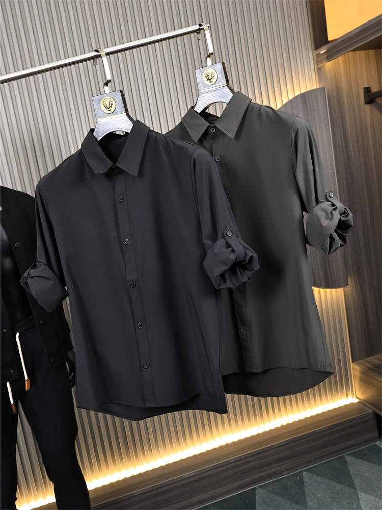 

Ele Faionable Мужской цветной длинный све irt Jaet Высокая эластичность Весна Лето Молодежный откидной воротник-стойка