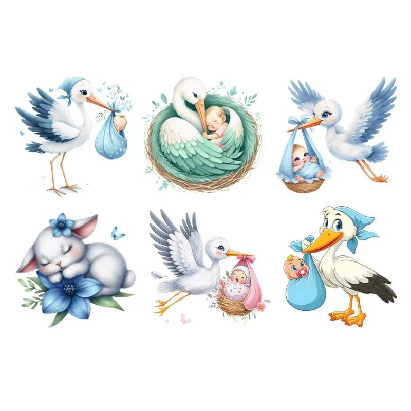 Cute Rabbit Stork Baby Series Patches Iron On Transfers Vynil Heat Transfer Cartoon Ironing Stickers On Kids T-shirt  Applique