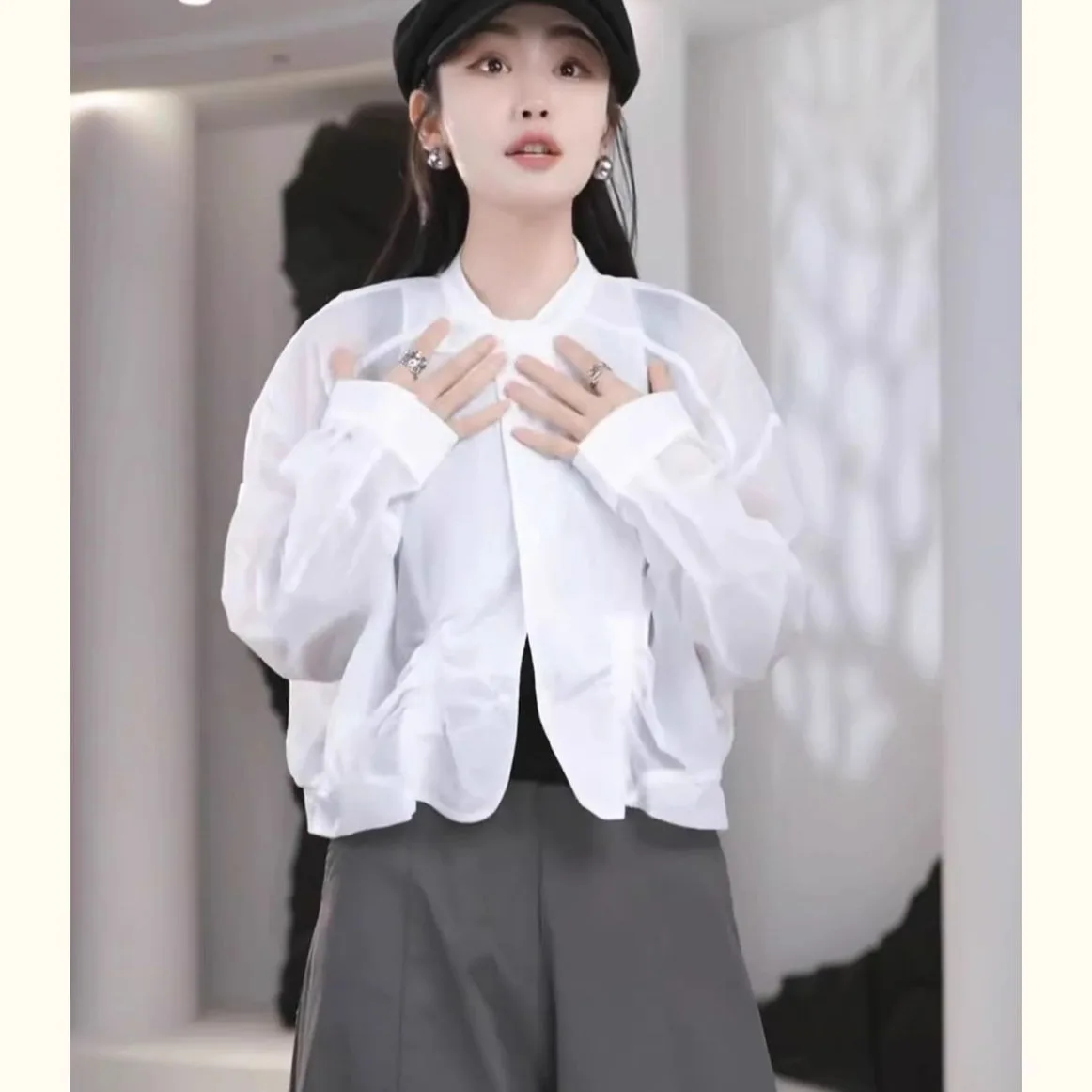 Korean Sle Long Sve Women's Summer Thin Loose Breathable Sun Protection Outerwear Ele Folded Design Slimming Top