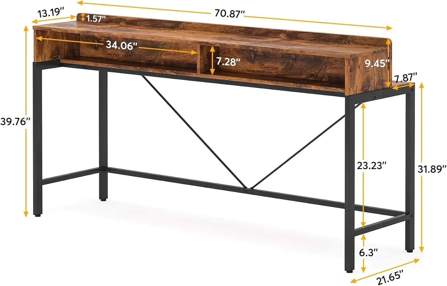 70.9 Inch Extra Long Sofa Table with Storage, Industrial Table Behind Sofa with Open Shelves, 2-Tier Bar Height Console Couch