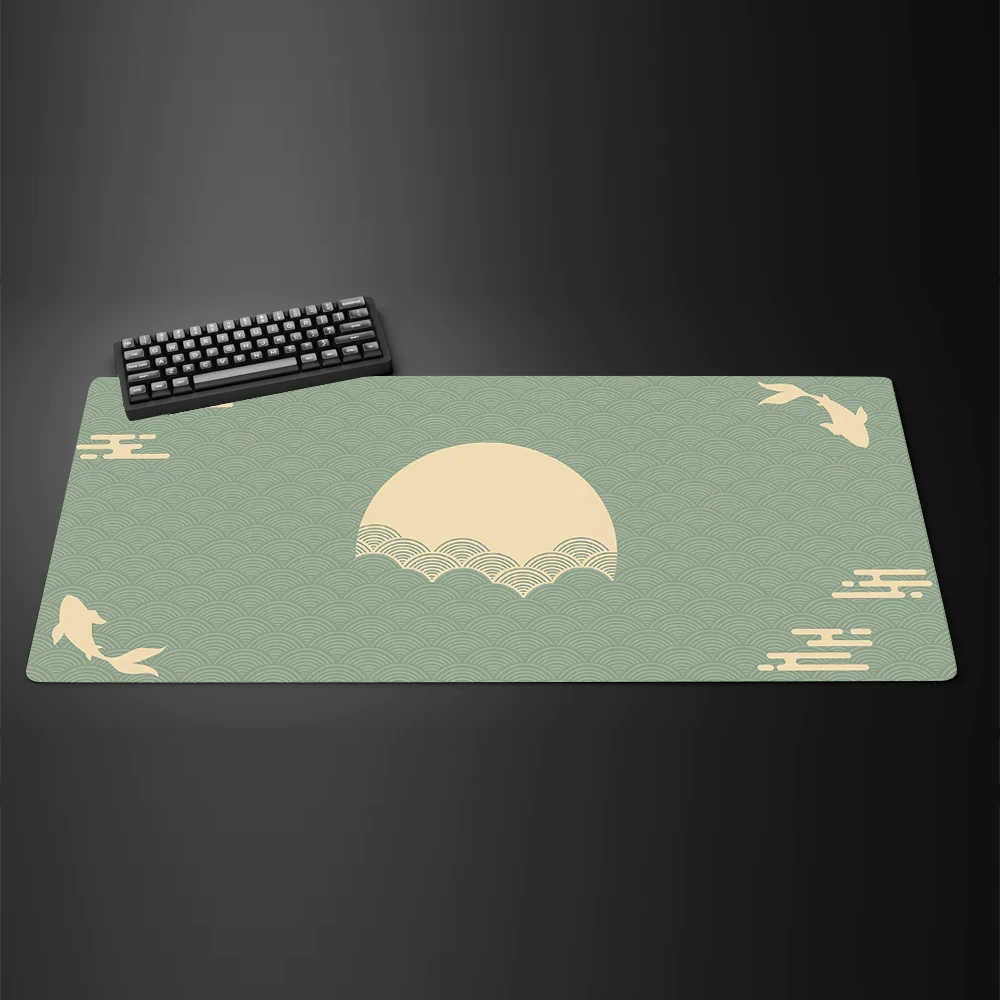 ญี่ปุ่นโต๊ะ Black & Yellow Mouse Pad Koi ปลา Sun Cloud Japan Art Seal Sunrise ขนาดใหญ่ Gaming Deskmat ยาง Mousepad xxl