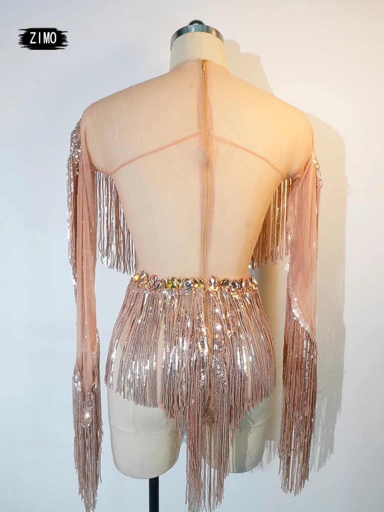 Sparkly Rhinestones Fringes Leotard Sexy Tassel Bodysuit Jazz Dance Costume One-piece Stage Wear Dancer Performance Show Weixiao