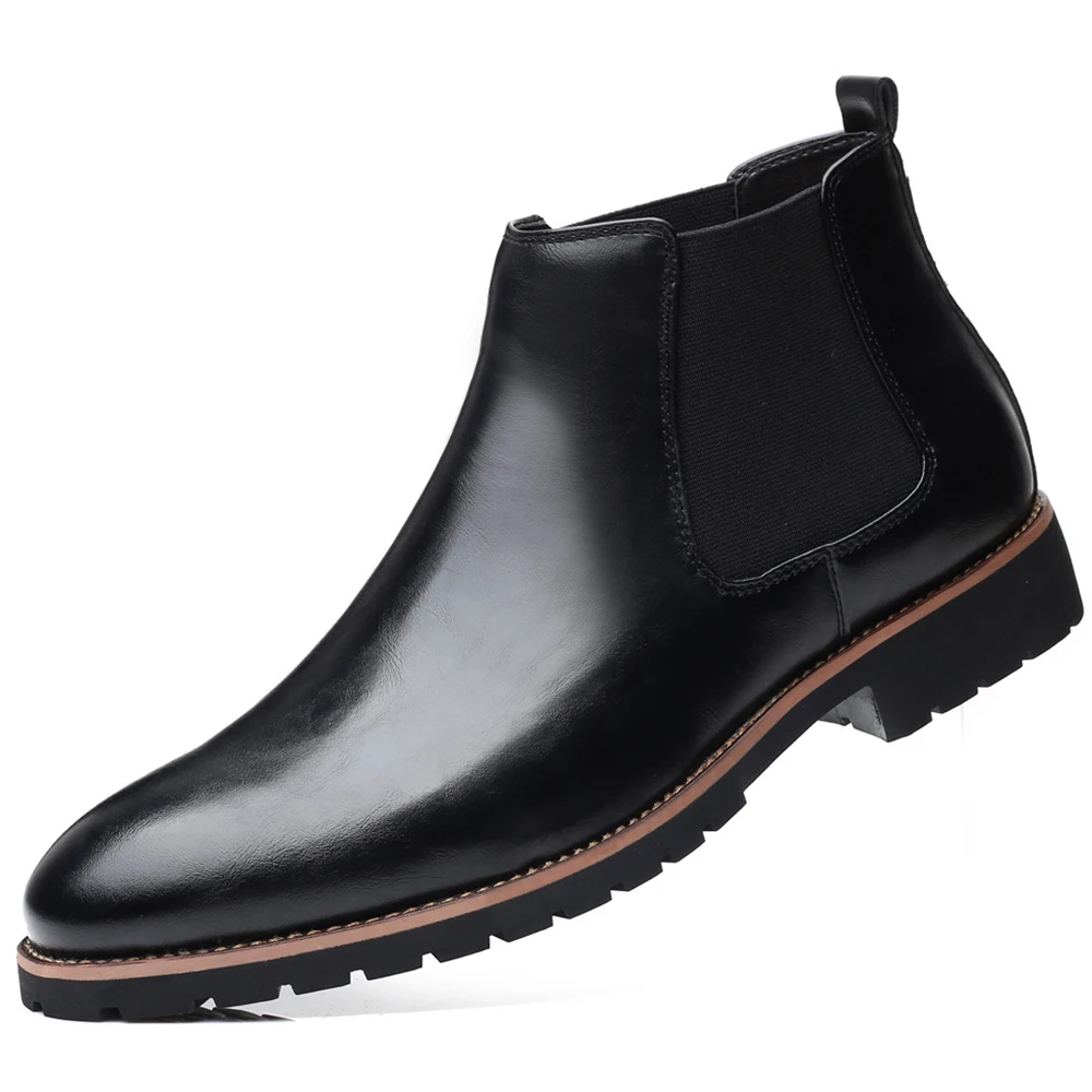 Pointed Toe Slip-on Men's Winter Boots, PU Leather Ankle Chelsea Boots for Man for Spring Autumn Casual Work Office Black Brown