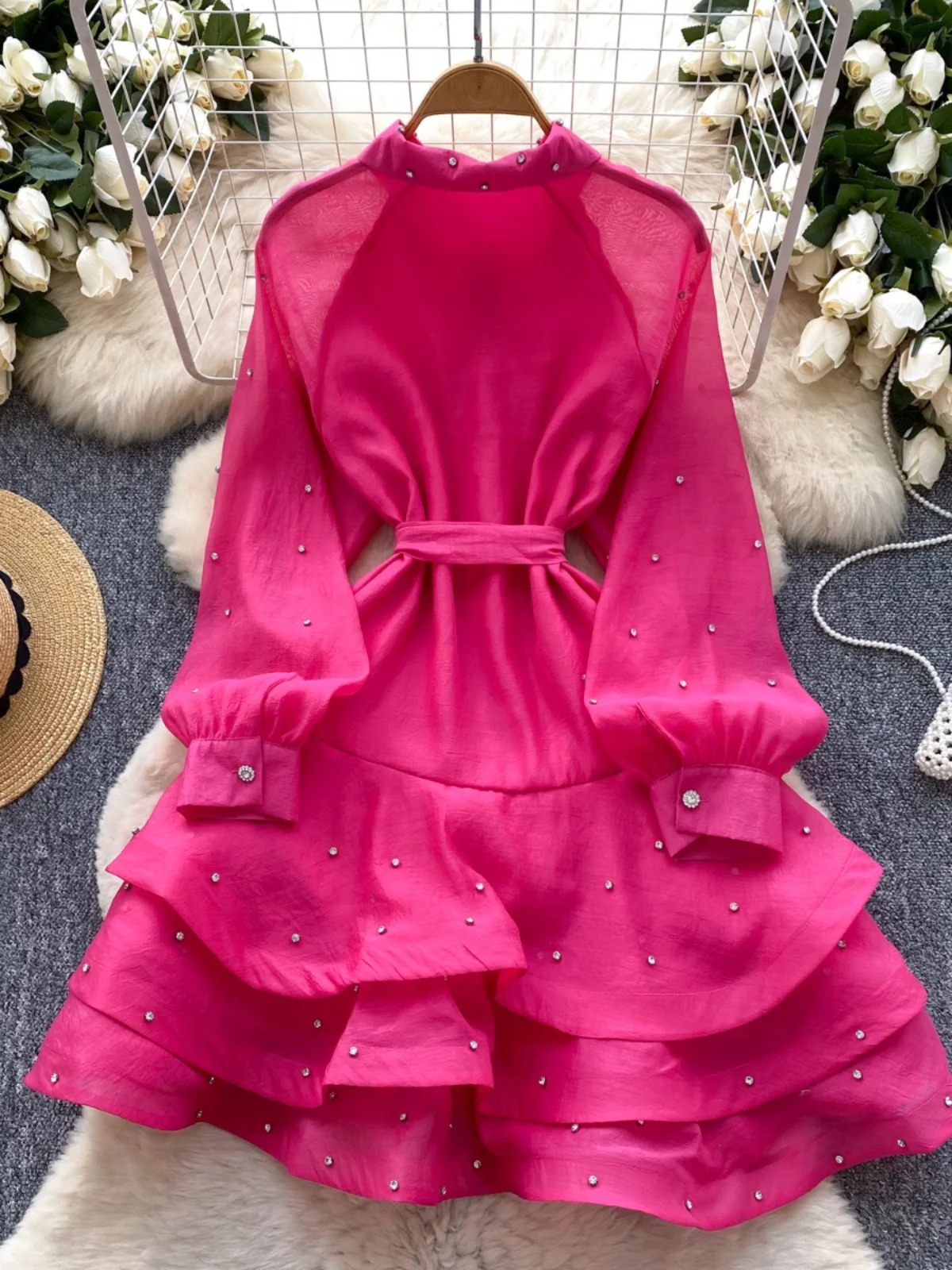 우아한 헤비 엠벨리시드 러플 헴 다이아몬드 드레스 여성용 봄 패션 벨티드 웨이스트 퍼프 스커트 스타일 한국 하이웨이스트