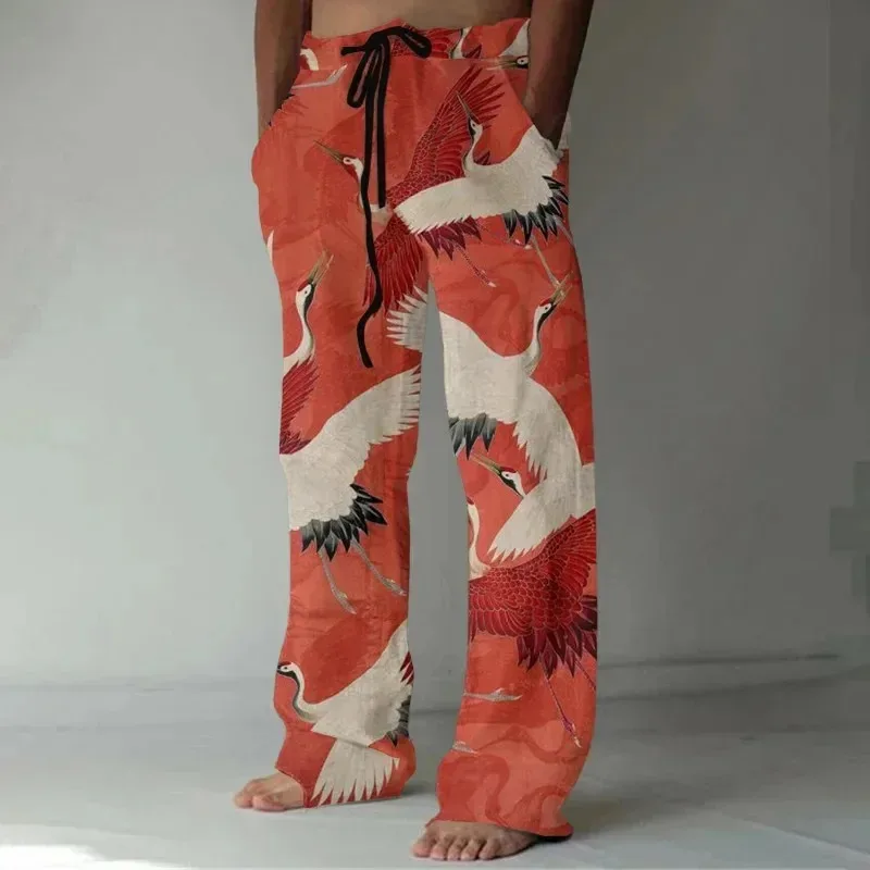 Men's Japanese Art Crane Print Loose Pants Harajuku Men's Wide Leg Pants Cat and Bird on Branch Trousers Streetwear