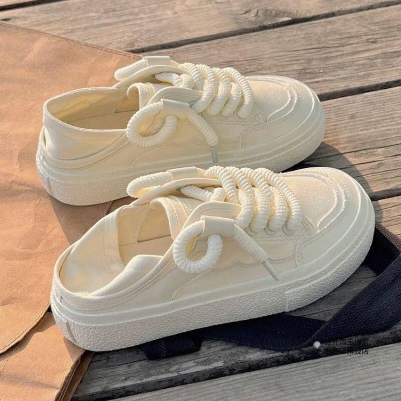 

Женские холщовые слипоны-полутапочки с двумя способами ношения, на толстой подошве, оригинальный дизайн, повседневные модные туфли в корейском стиле