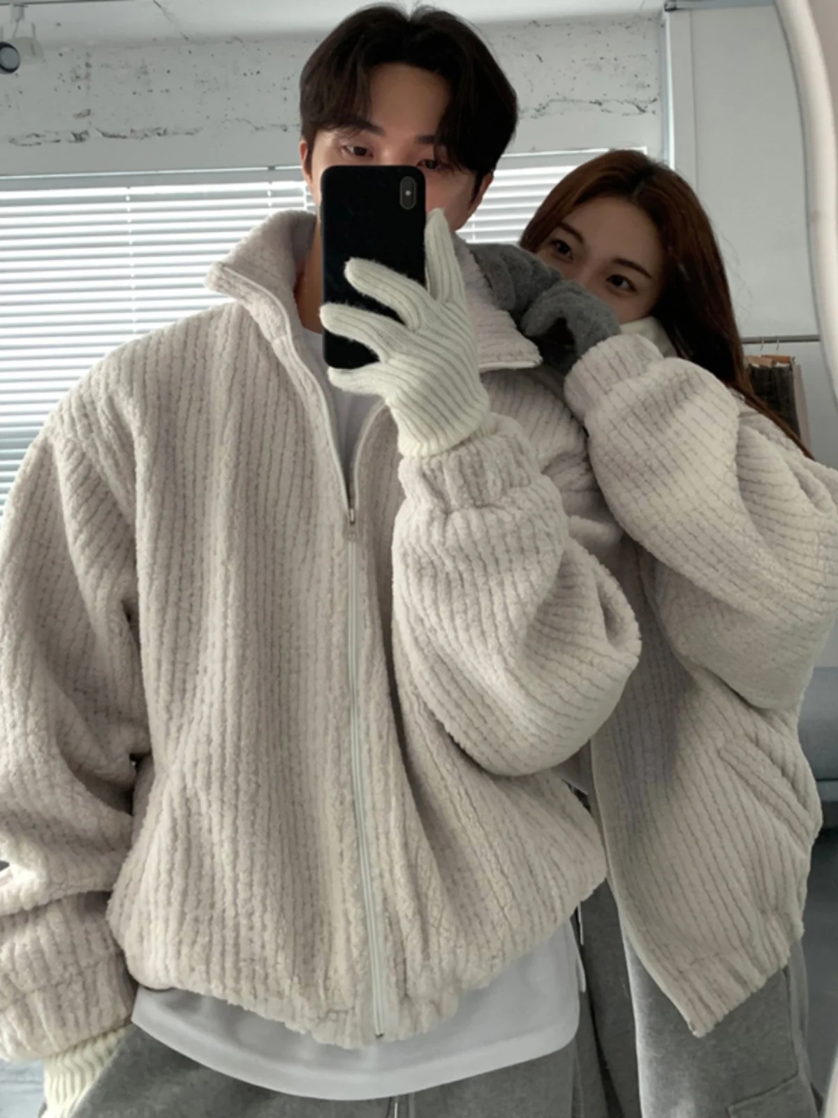 

Thiened Autumn Winter Men's Cotton Jaet Lamb Fur Collar Warm Stand up Collar Cotton Coat Casual Loose Fit Youth Faion