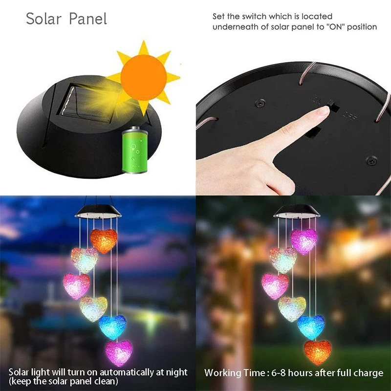 Campana a vento solare a forma di cuore che cambia colore luce a sospensione a luce solare campana a vento per lampada solare da giardino per feste all'aperto