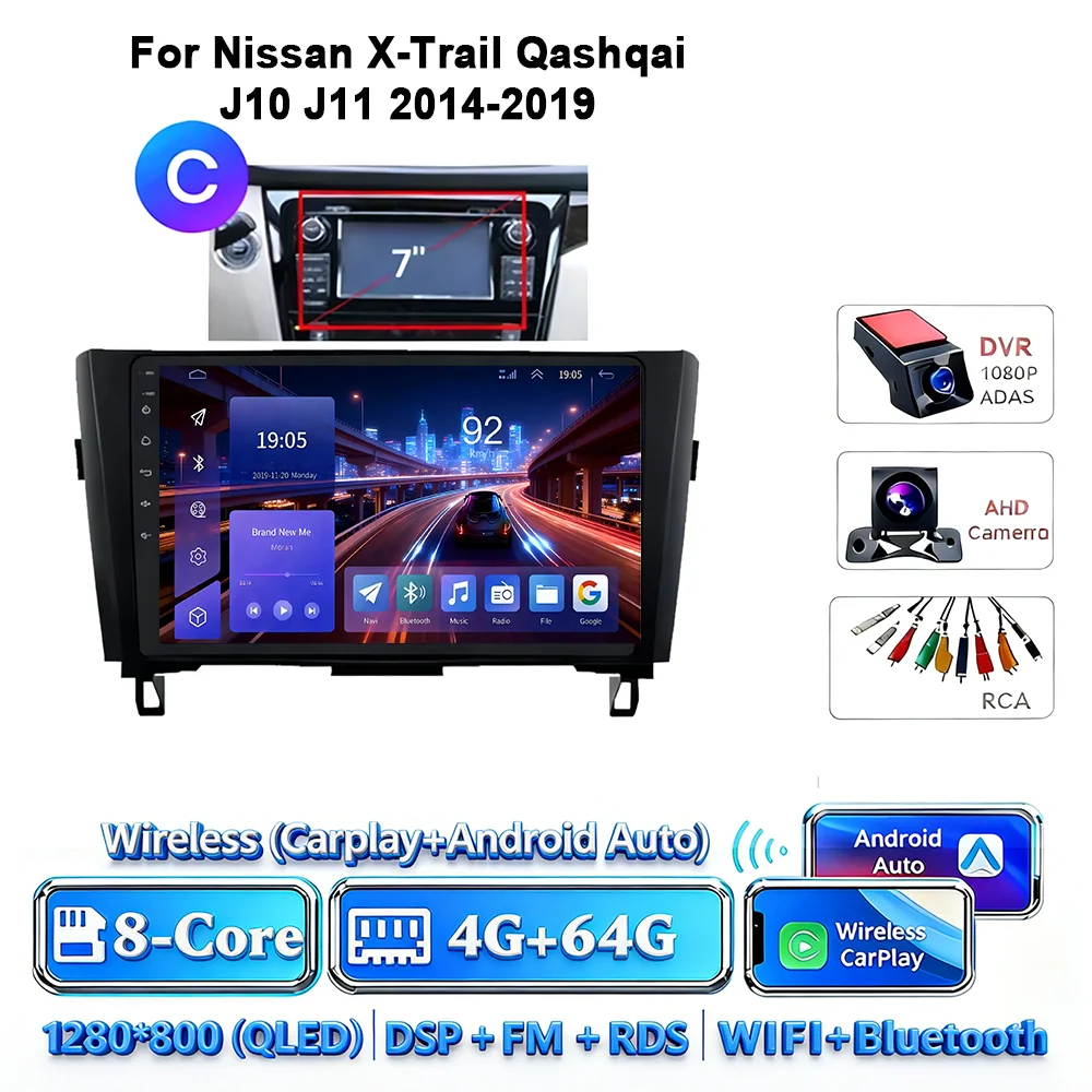 8-Core Android 17 2Din autoradio voor Nissan X-Trail Qashqai J10-J11 2014-2019 draadloze Carplay 4G GPS DSP BT dubbele lens