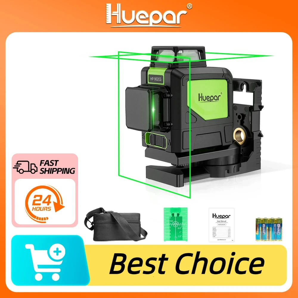 

Huepar 902CG Self-Leveling 360-Degree Cross Line Laser Level with Pulse Mode, Switchable Horizontal and Vertical Green Beam Lase