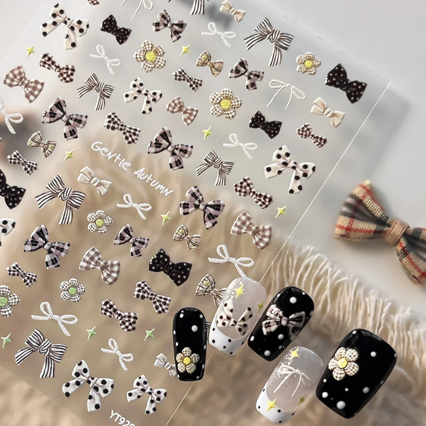 Maillard Brown Series Bowknot Plaid Gentle Flower Hair Tie Starburst Adhesive Nail Tip Art Sticker Press on Nail Manicure Decal
