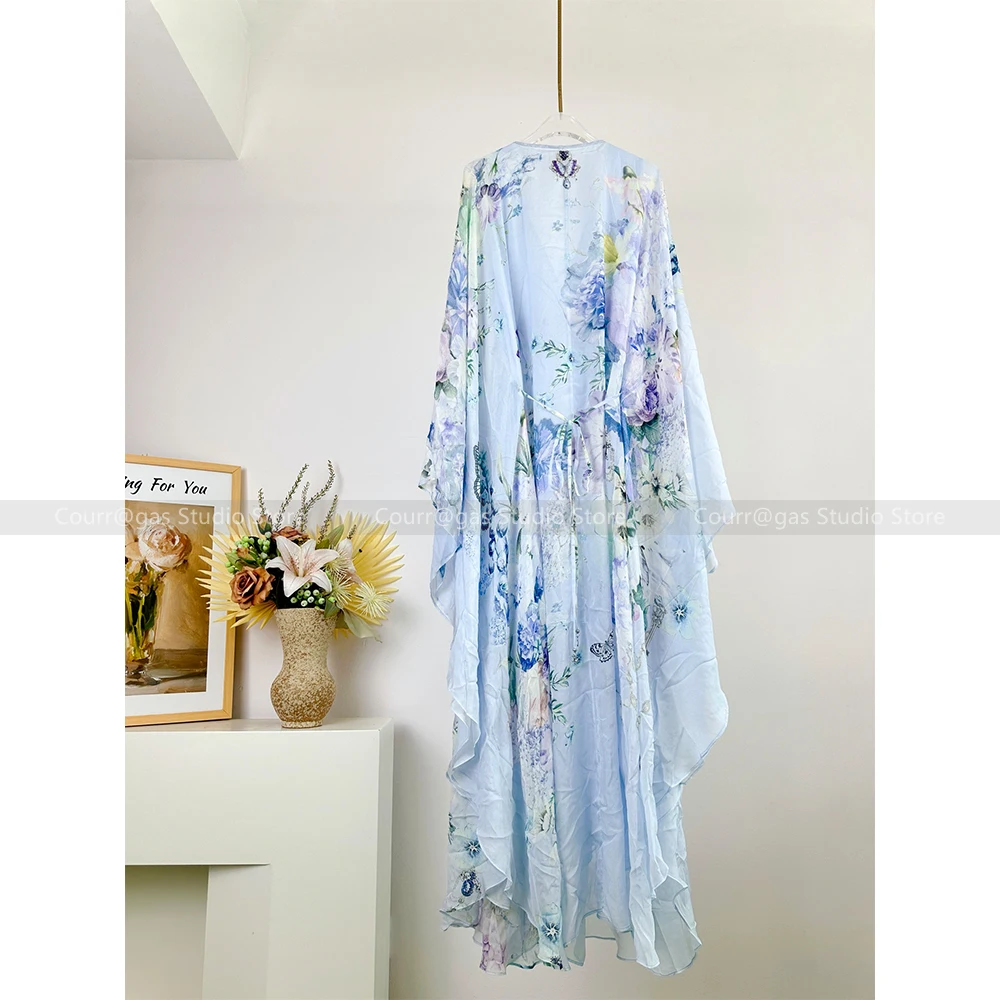 Temperament Sexy V-Neck Printed Poncho Long V-Neck High Waist Silk Resort Style Dresses