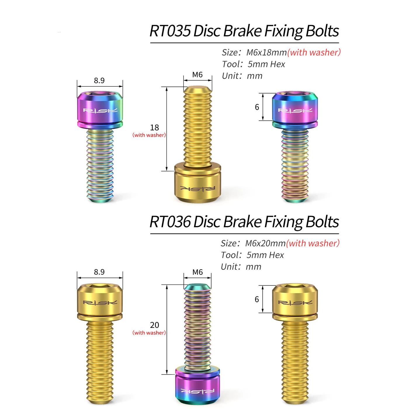 4Pcs/Set RISK M6x18mm M6x20mm Bicycle Disc Brake Bolts Titanium Bike Crank Caliper Handlebar Stem Fixing Screws with Washer