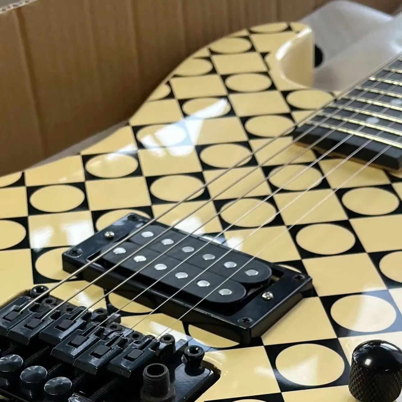 Cream-Colored Electric Guitar Black And White Geometric Patterns Circular And Square Patchwork Prints, Blue Dress, Rosewood Fingerboard, Maple Body, Christmas Gift, US Stock, Free Shipping. view 3