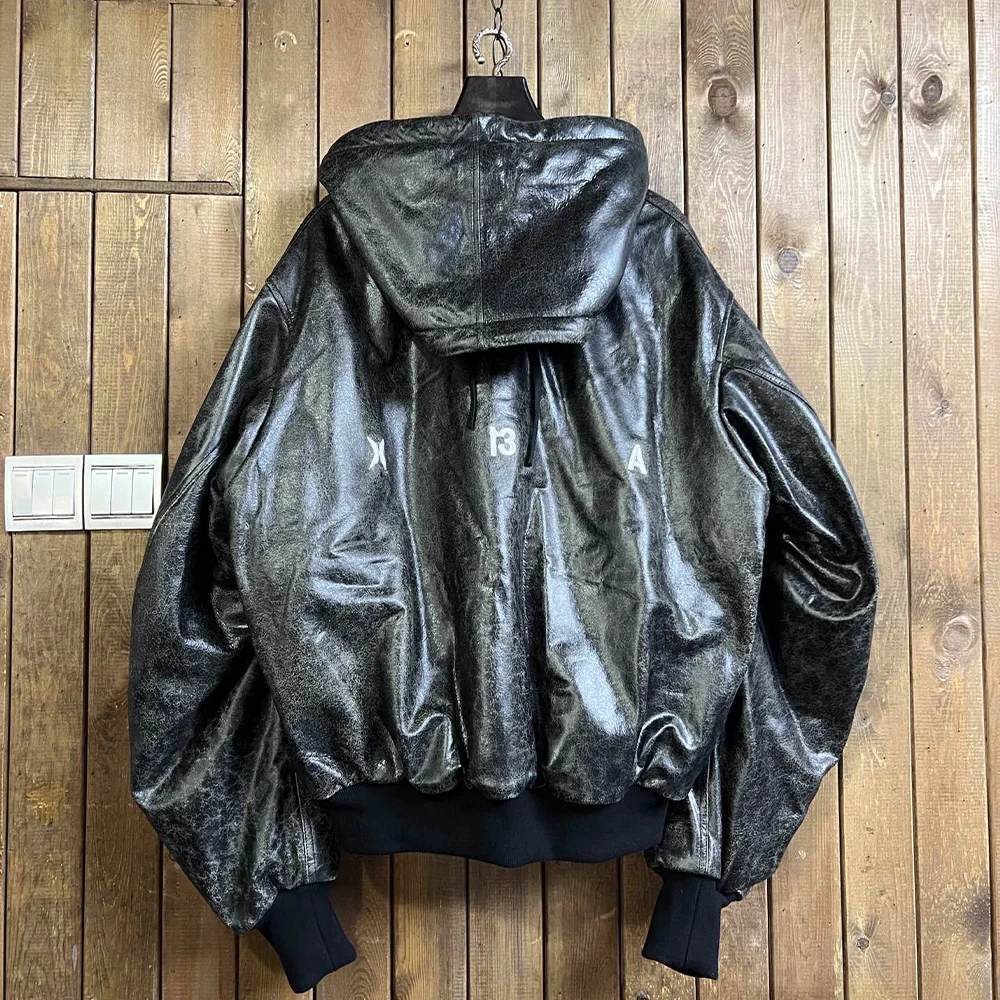 NIGO Solid Black Zipper Hooded Aviator Jacket Coat Loose Men and Women Fashion Reversible Hooded Leather Jacket #nigo6258