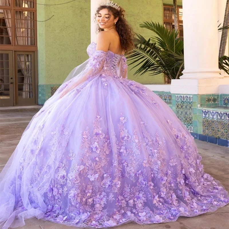 

Lavender Off The Shoulder 3D Flowers Floral Appliques Lace Quinceanera Dresses Ball Gown With Cape Corset Vestidos De XV Anos