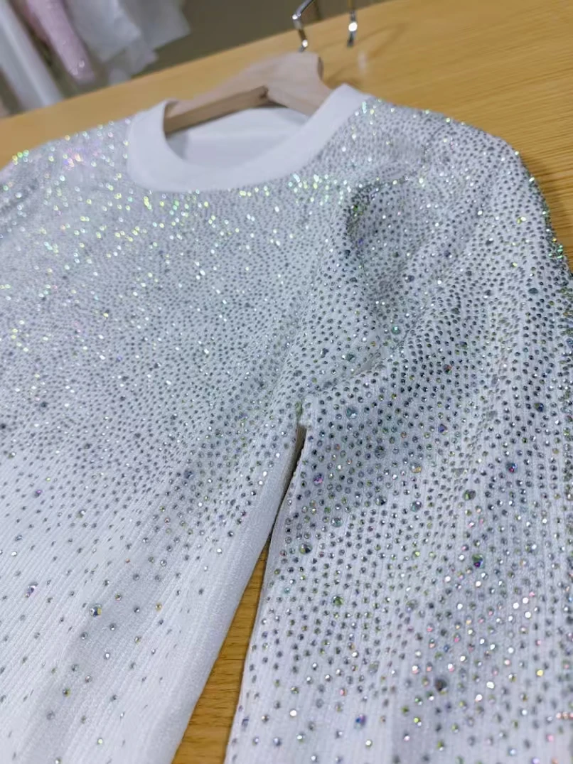 

High-end Bling Diamonds Hot Drilling Off White Sweaters Women's Autumn Spring 2025 Trend Soft Knitwear Pullovers Y2K Jumpers