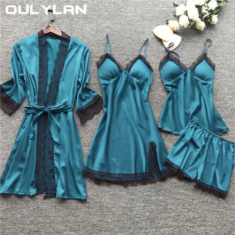 4PCS Korean pajama Silk dress Pajama Gown Women's Pajama Set Lace Pajama lingerie Sexy lingerie dress Garter