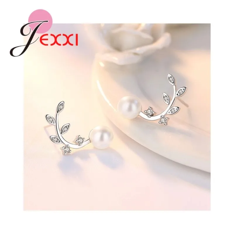 New Wonderful White Pearl Leaves Shape Rhinestone 100% 925 Sterling Silver High Quality Party Stud Earrings For Women Girls