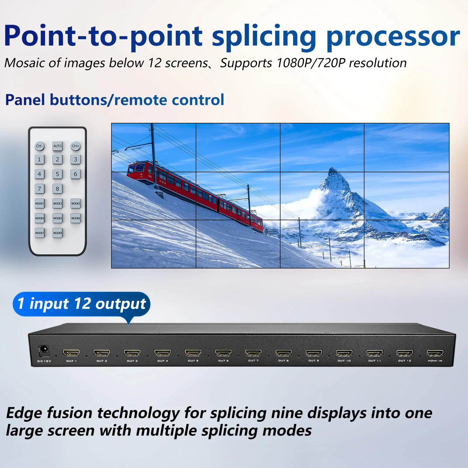 3x4 Video Wall Controller 1080P Processor MultiScreen Stitching 60Hz 1Input 9Out For HDMI TV Splicing Box Splicer 180°