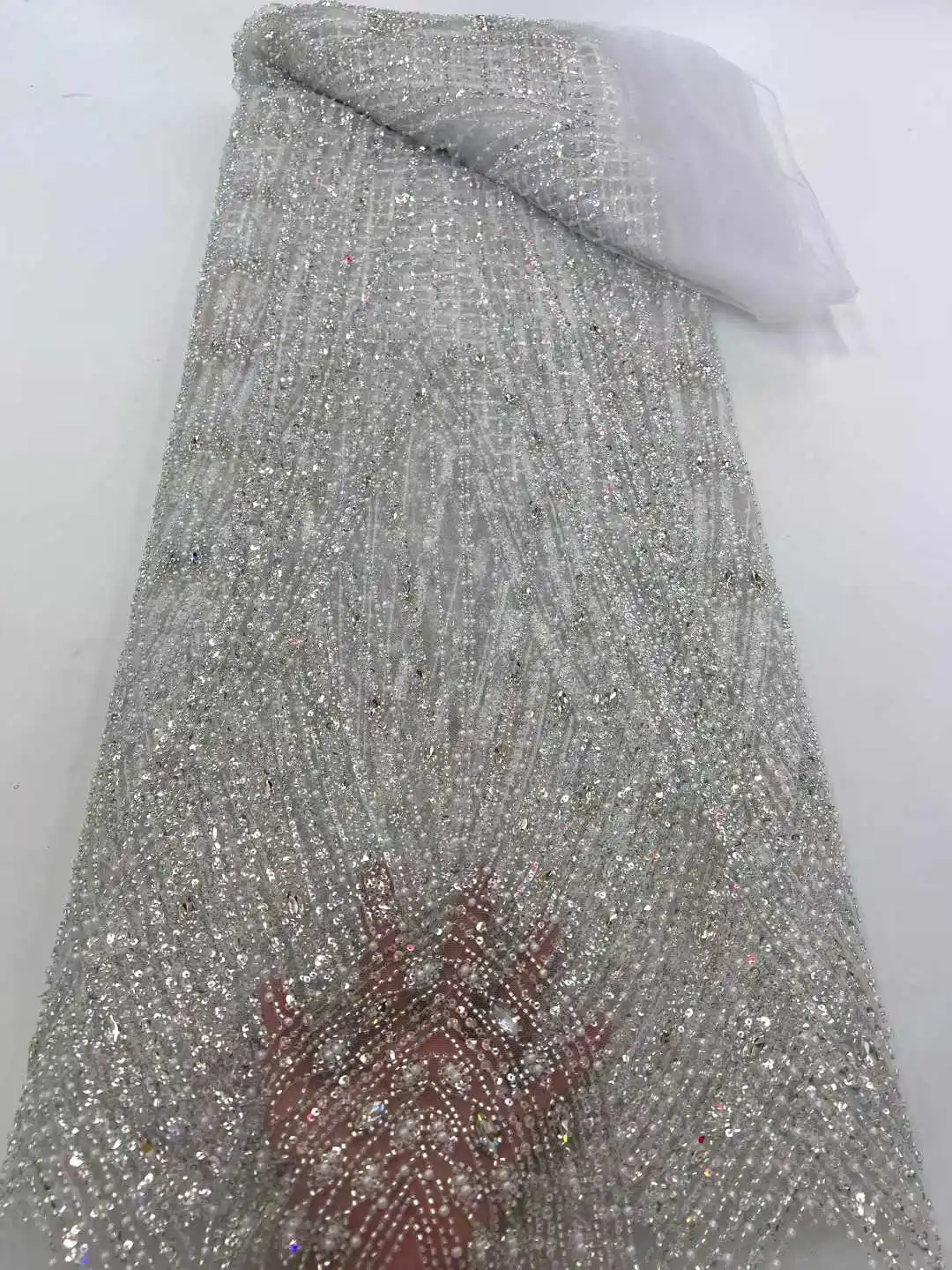 African Nigerian 2026 High-Quality Sequins Tulle Lace Fabric for Prom Dresses Beads Chiffon Embroidery Sewing Net Cloth 5Yard