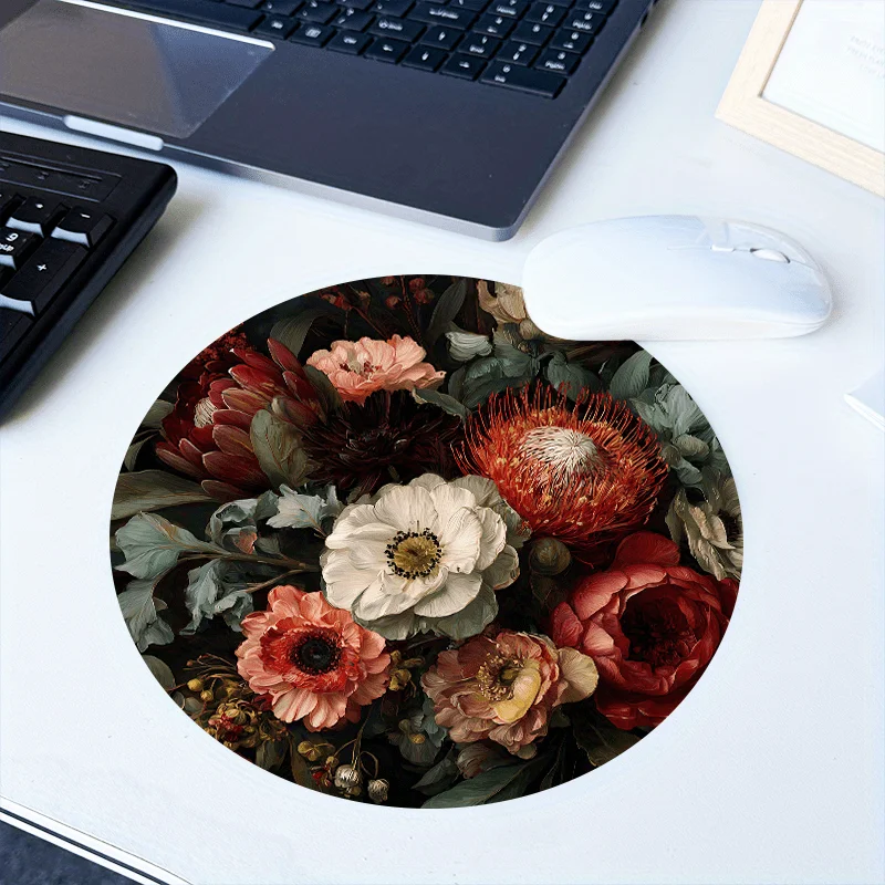 

Elegant floral circular mouse pad with anti slip rubber base, portable office desktop pads, computer laptop, PC accessories