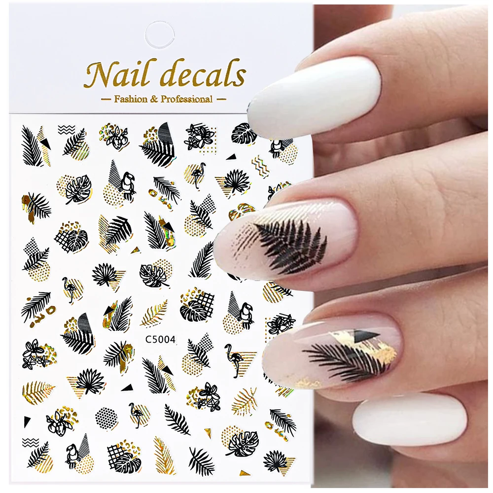 1Sheet Bronzing Maple Leaf Palm Nail Art Sticker 3D Adhesive Nail Stickers Gold Black Designs for Women Girls DIY Manicure Stick