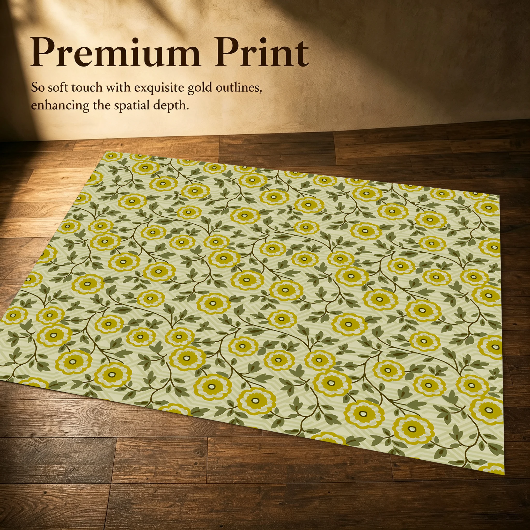 2D Carpet with All-Over Yellow Stamen Floral Pattern in Retro Pastoral Style for Living Room, Bedroom, and Bay Window