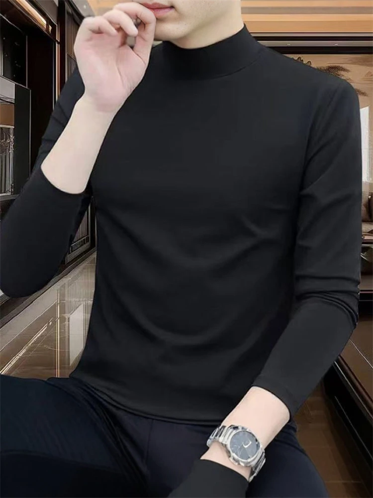 

Semi-High Collar Men's Thermal Long Sve T-irt Casual Sle Fce-Lined Slim Fit Inner Wear for Autumn Winter