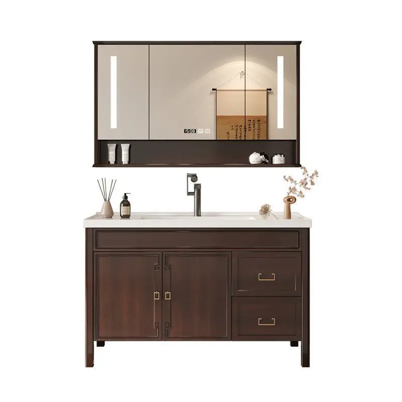 

Oak smart bathroom cabinet mirror paint solid wood new Chinese bathroom washstand ceramic