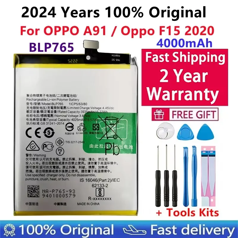 

100% Original High Quality 4000mAh BLP765 Replacement Battery For OPPO A91 F15 CPH2001 CPH2021 Mobile Phone Batteries Bateria