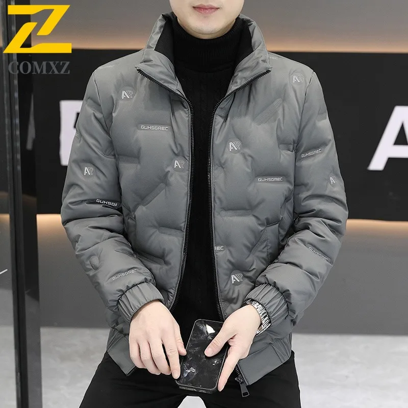 COMXZ Mens stand collar Puffer Jacket Korean Style Solid Color Cotton-Padded Waterproof Windproof Thermal Outerwear Streetwear