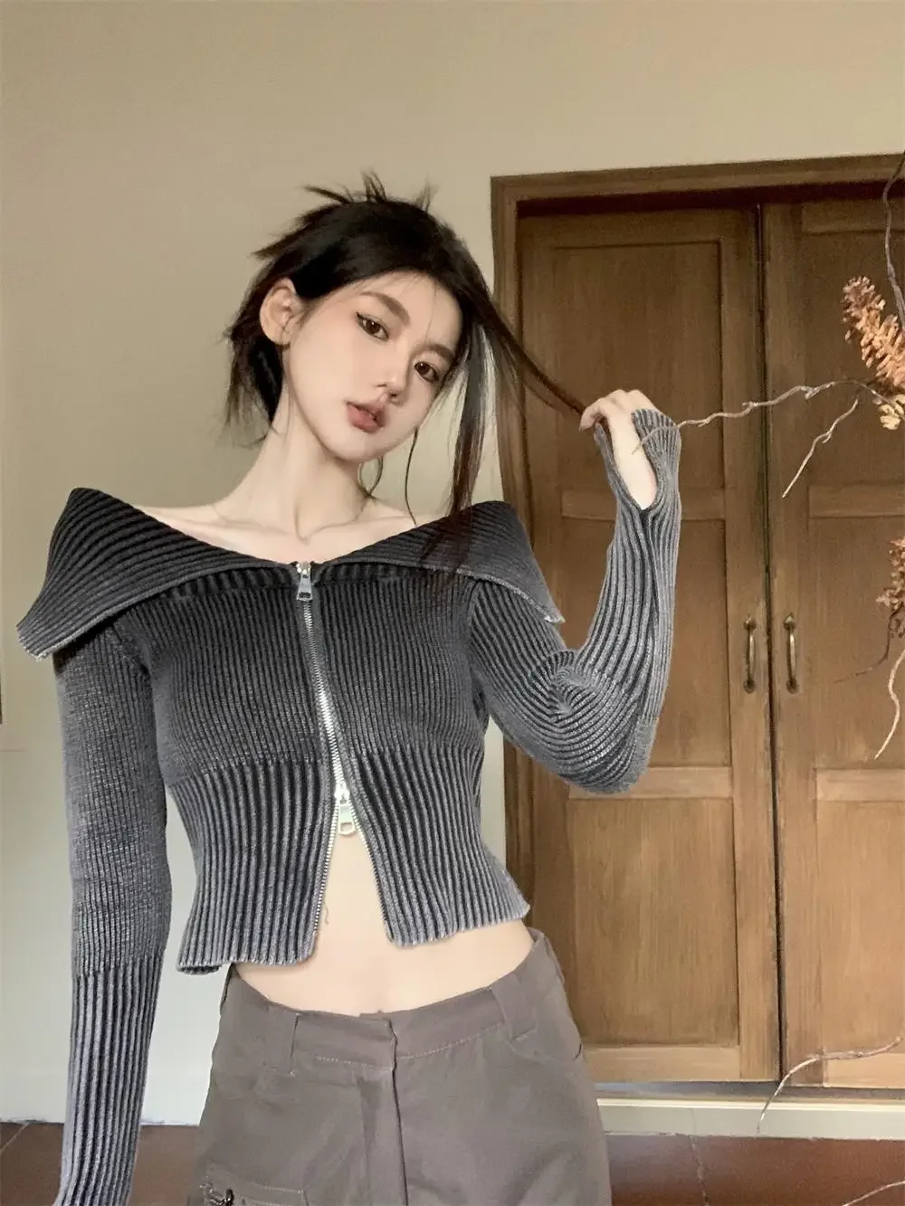 Gagaok Sweaters New Autumn Winter Vertical Stripe Zipper Cardigan Knit Sweater Female Sexy Spicy Girl Off The Shoulder Slim Top