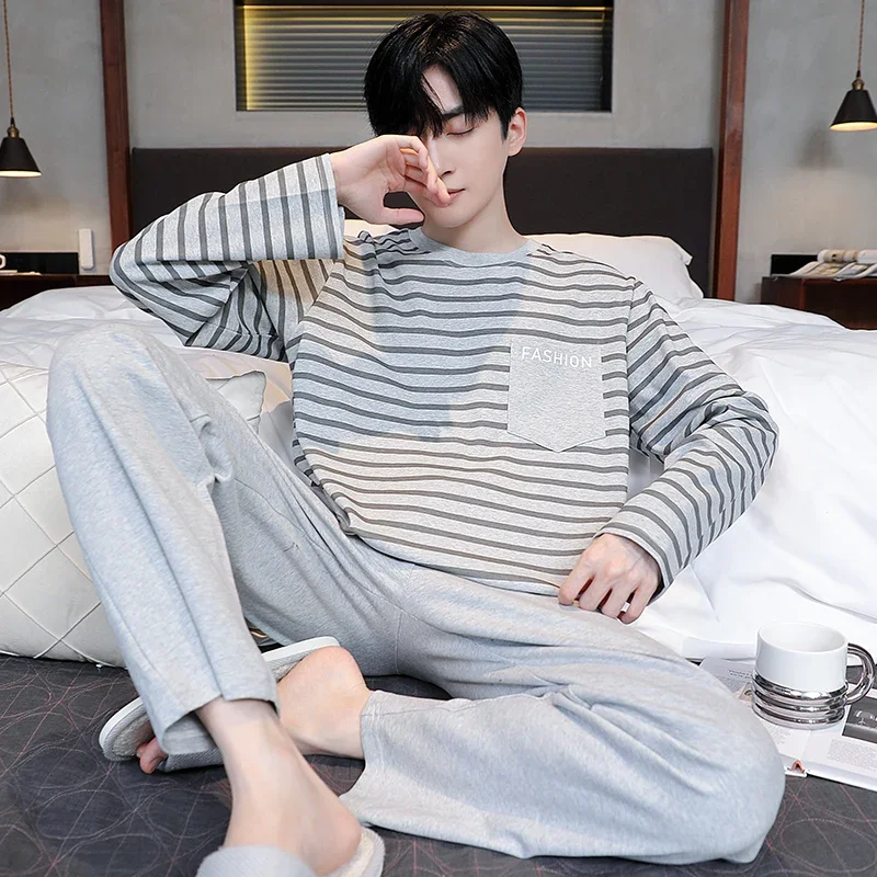 

Autumn Two-piece Long Sleeved Cotton New Spring Long Pants Pajamas Youth Set Men's Home Clothing Stripe Nightwear Young Boy Pjs