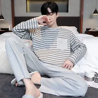 Autumn Two-piece Long Sleeved Cotton New Spring Long Pants Pajamas Youth Set Men's Home Clothing Stripe Nightwear Young Boy Pjs