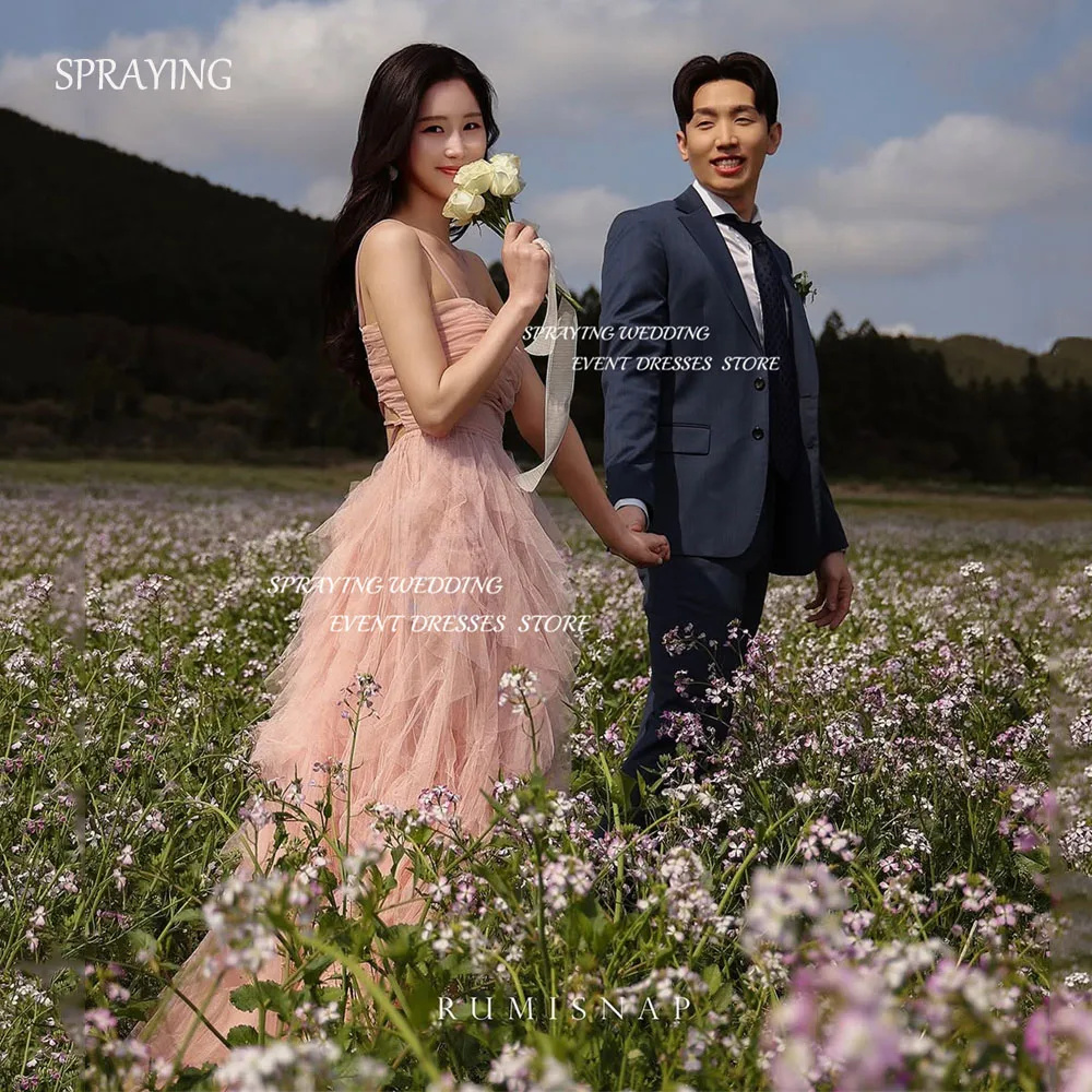 

SPRAYING Fairy Tulle Evening Dress Sexy Strapless Strap Korea Garden Wedding Photo Shoot Dress Long Pleat Party Dress Customized