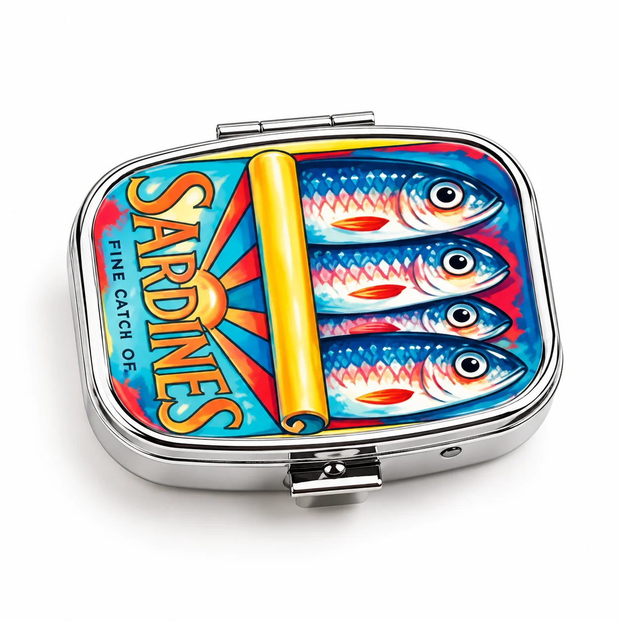 Sardines Print Metal Pill Box Compact Medicine Case Travel 2 Compartment Pill Organizer Pocket Vitamin Tablet Storage Container