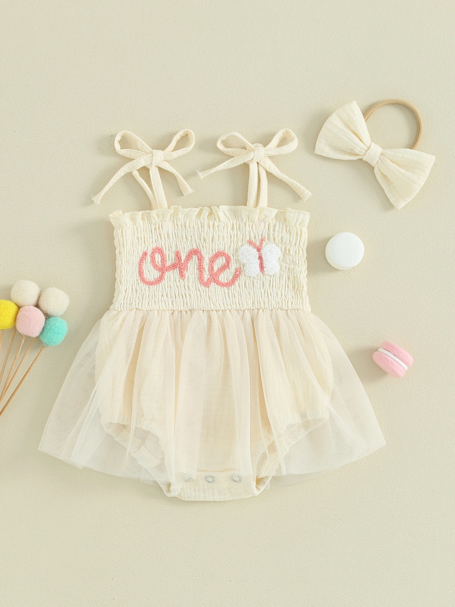 Baby Girl Birthday Outfit Sleeveless Letters Tie-up Romper Dress with Bow Hairband Summer Girls Lace Bodysuits Clothes