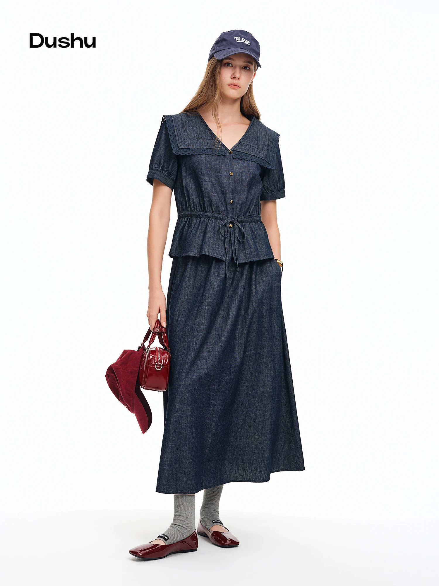 DUSHU Lace Patchwork Ruffles Hem Denim Fashion Set Women Commuting 2026 Summer New Arrivals Top and Long A-line Skirt