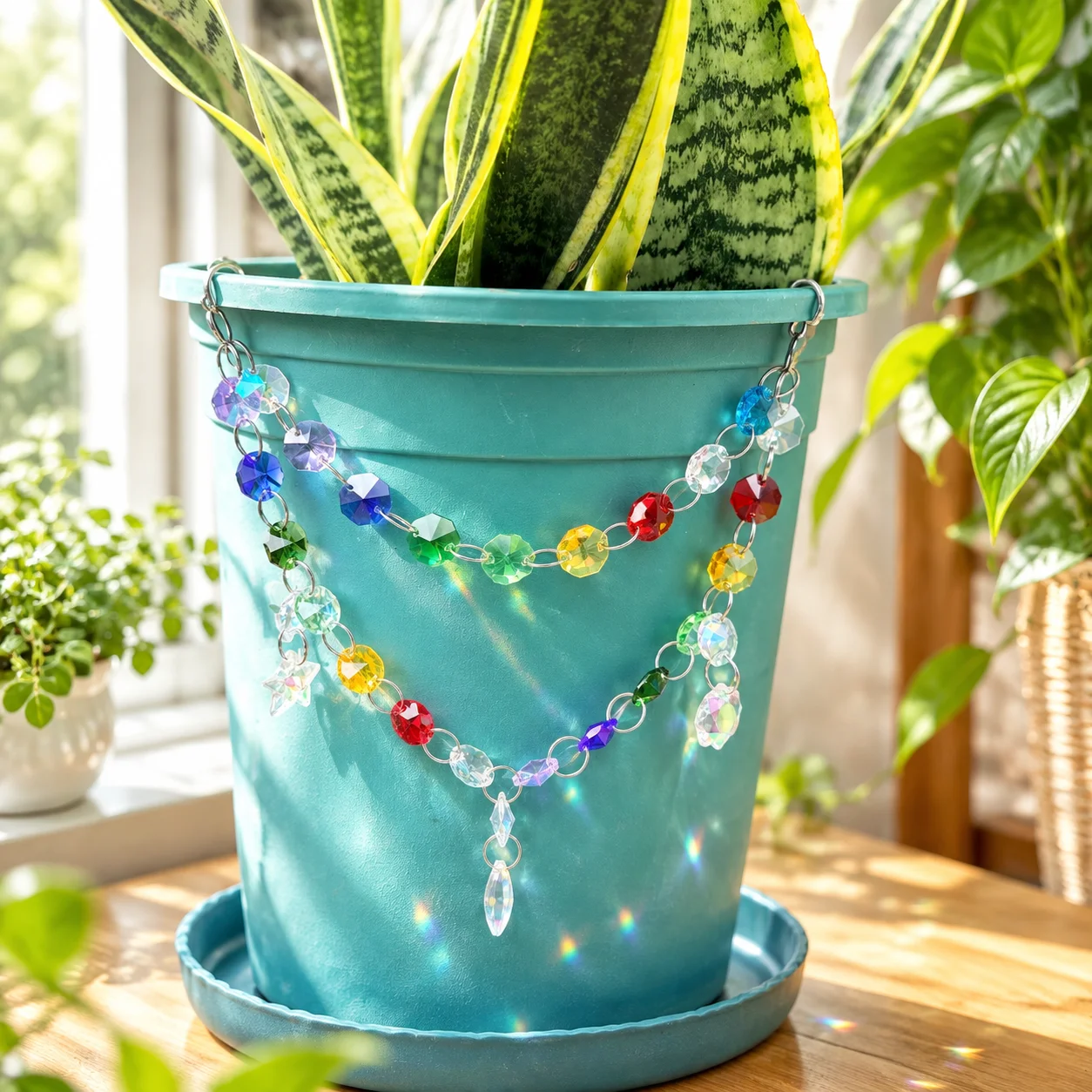 Crystal Plant Suncatcher Hanging Rainbow Light Effect Star Moon Mandala Glass Prism Bead Sunlight Catcher Pot Fairy Garden Decor