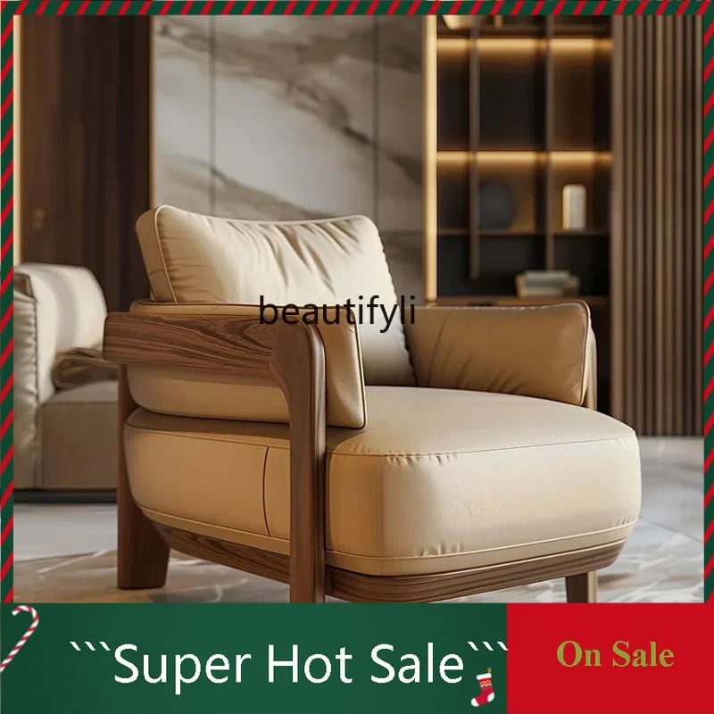 

A506 Новый китайский одноместный диван из цельного дерева, кресло для отдыха из орехового дерева, кожаное художественное ленивое кресло для гостиной