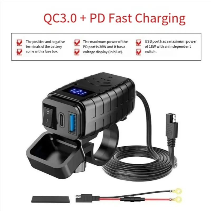 Motorcycle dual USB car mobile phone charger with switch QC3.0 fast charger measured voltmeter voltage display