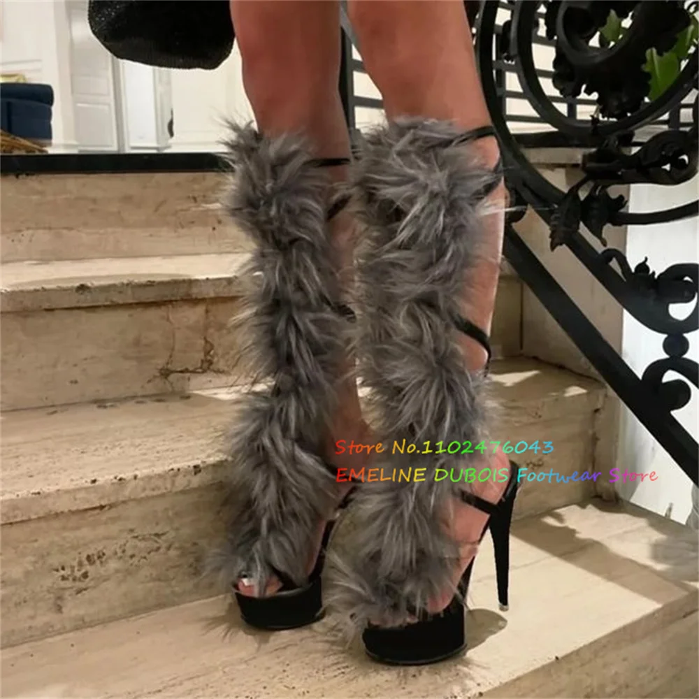 

Grey Fur Decor High Heel Sandals Women Summer New Open Toe Plastform Stiletto Heel Slingback Buckle Strap Knee High Boot