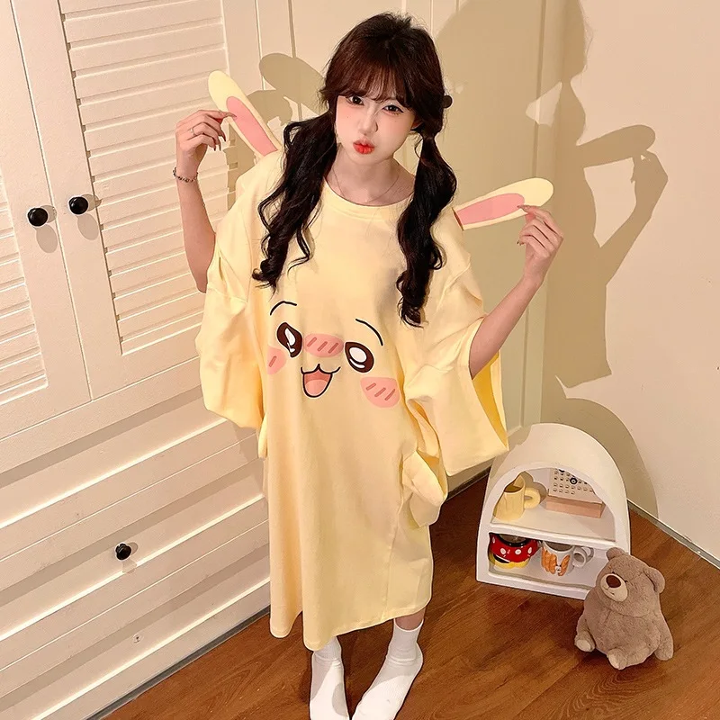 Anime Chiikawa Nightdress Cute Girls Homewear Cartoon Usagi Nightwear Womens Short-Sleeved Household Clothes Holiday Gifts