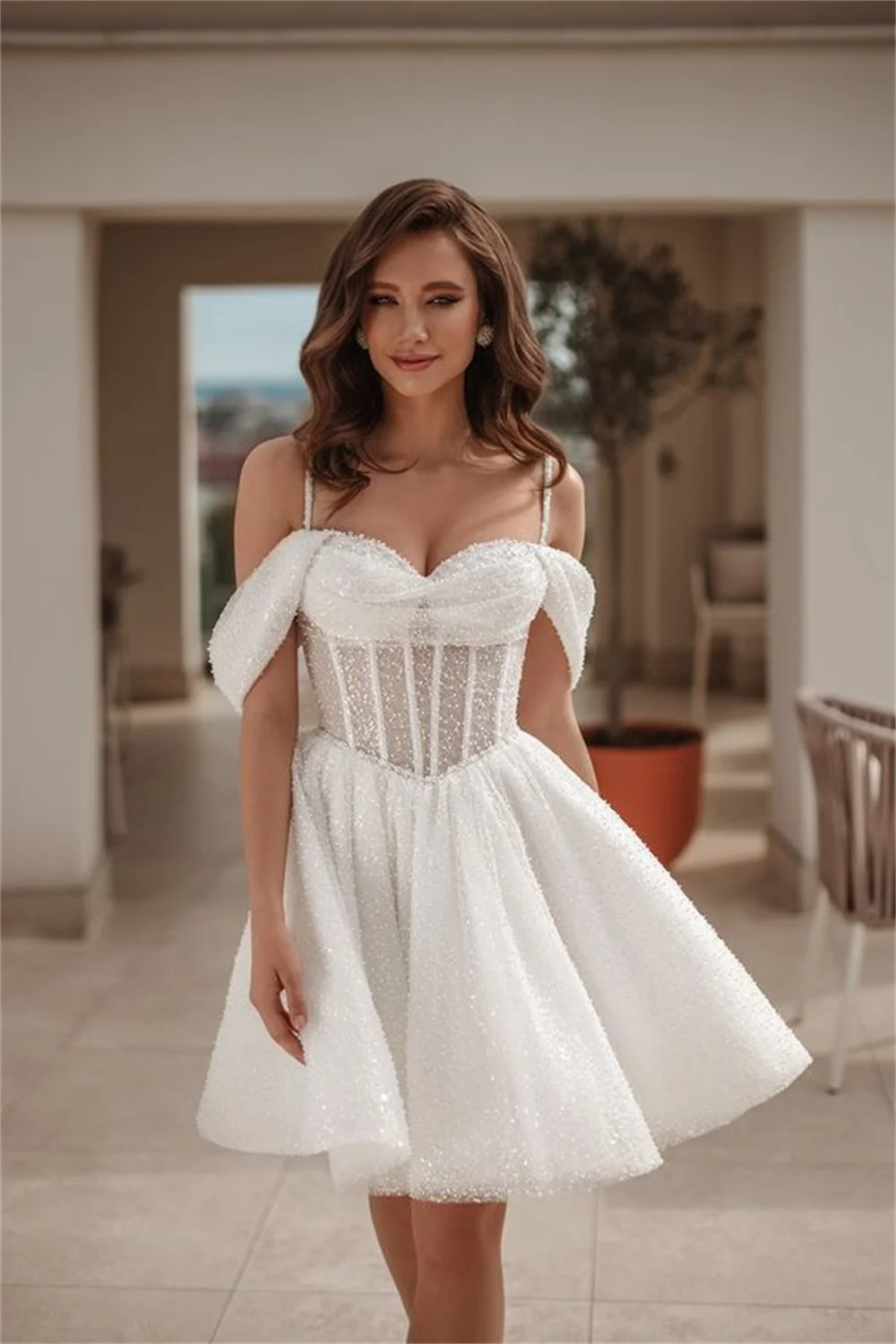 Cathy Cap Sleeves فساتين سهرة Tulle Strapless Spaghetti Strap Vestidos De Noiva Knee-Length Glitter Weding  robe de mariée 2024