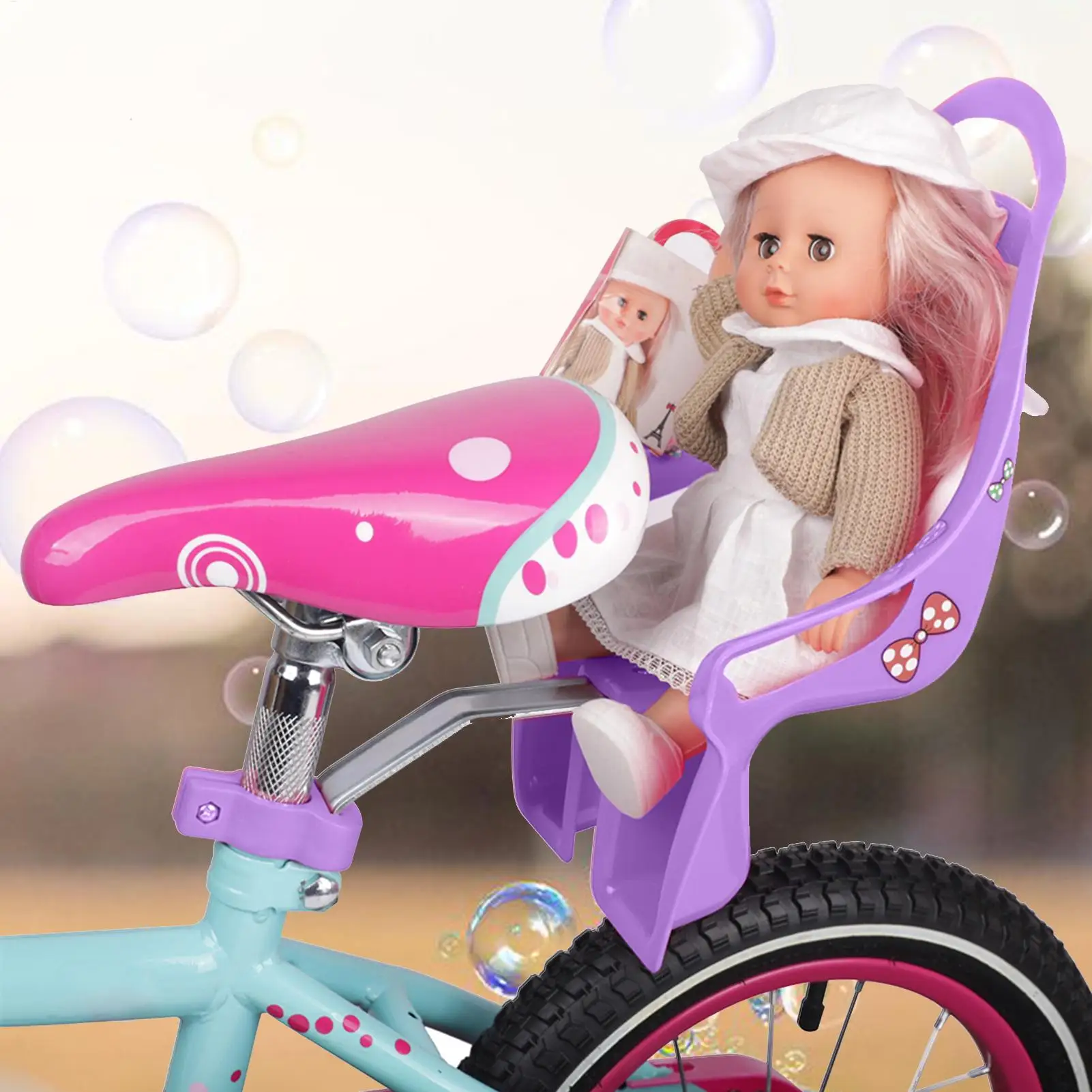 Assento decorativo de bicicleta de boneca com adesivos, acessório de bicicleta infantil para brinquedos de pelúcia, acessórios de cadeira de bicicleta de animais de pelúcia