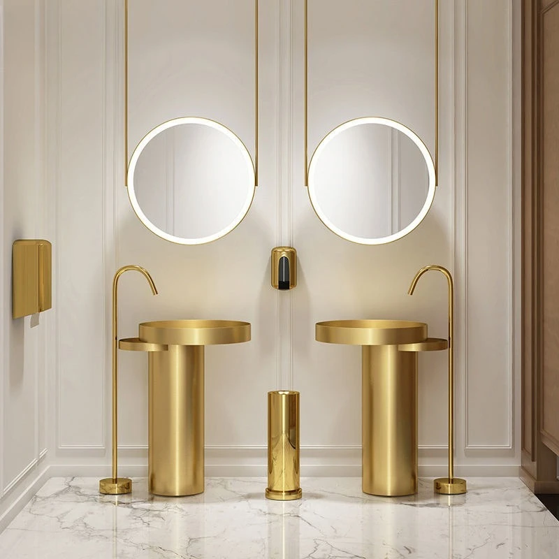 Luxury Floor Standing Round 304 Stainless Steel Bathroom Club Hand Made Gold Pedestal Bar Wash Basin Sink for Hotel
